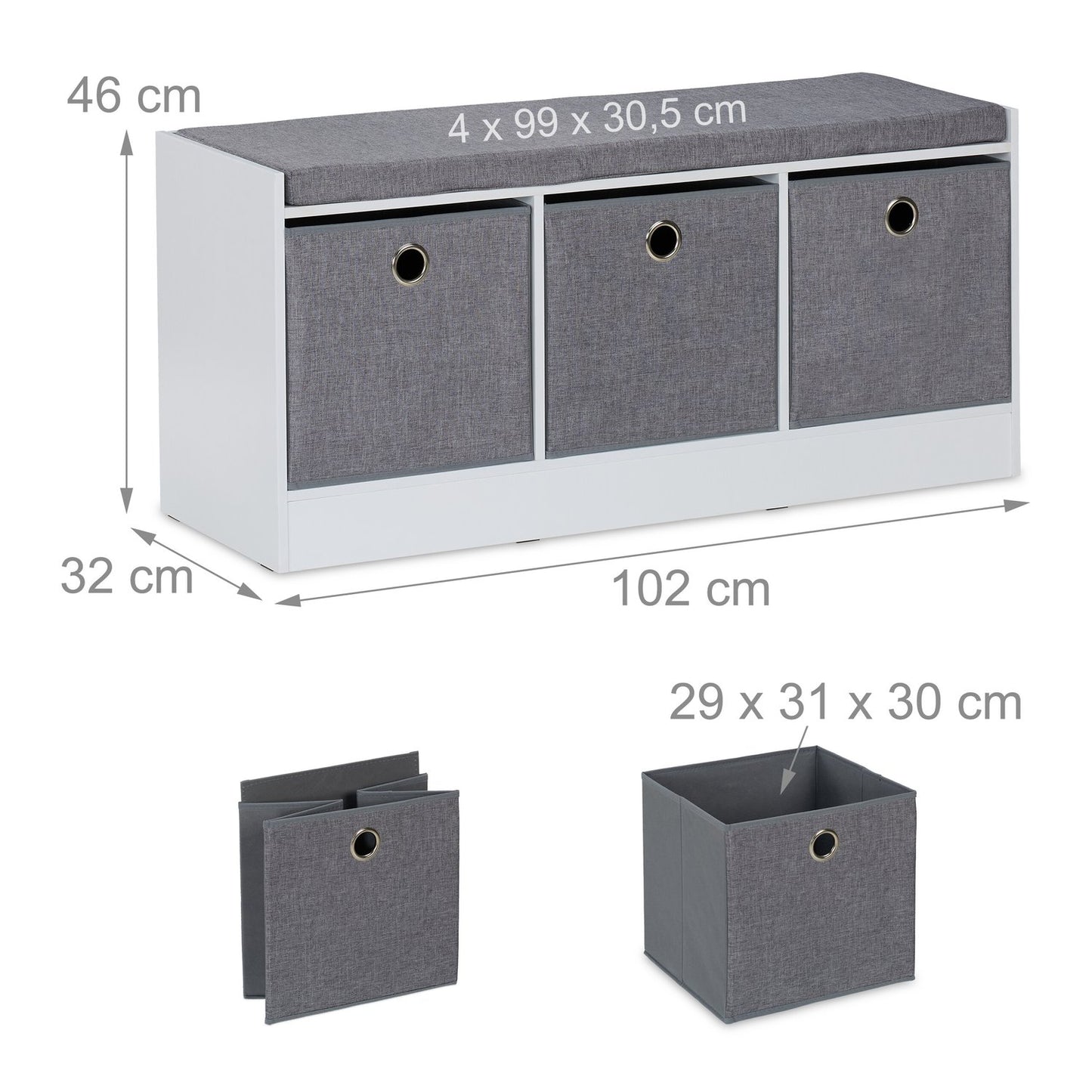 Bench with upholstery and 3 compartments