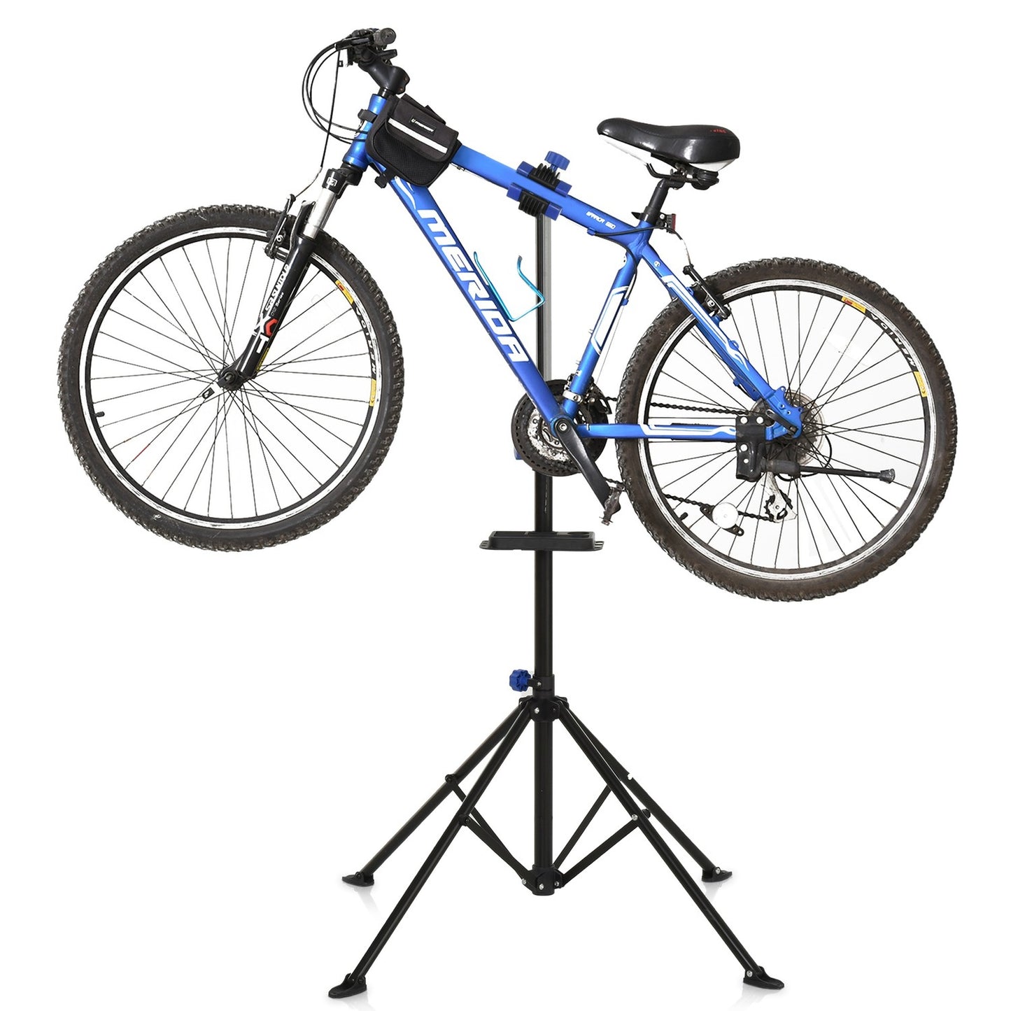 Bicycle repair stand with tray, adjustable, four-legged, black