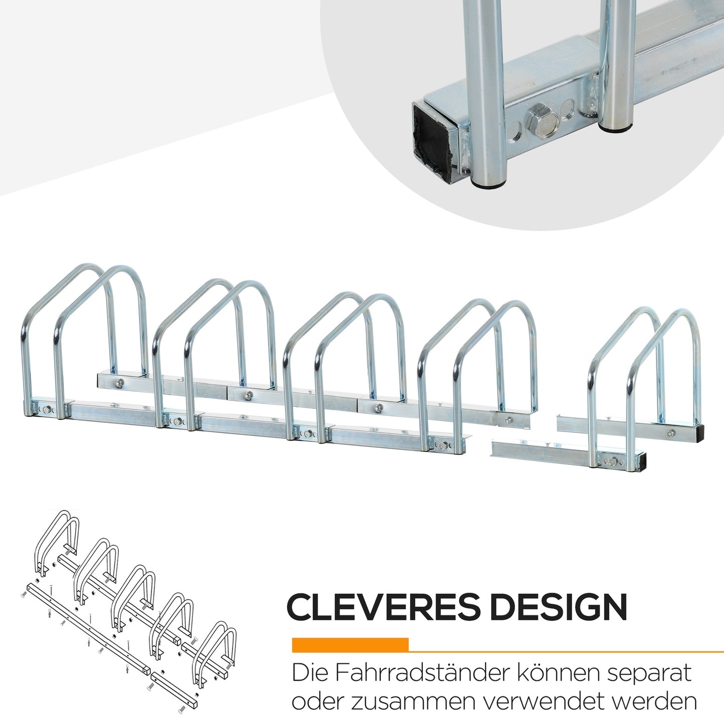 Weather-resistant bicycle rack in steel, floor and wall mount, holds 5
