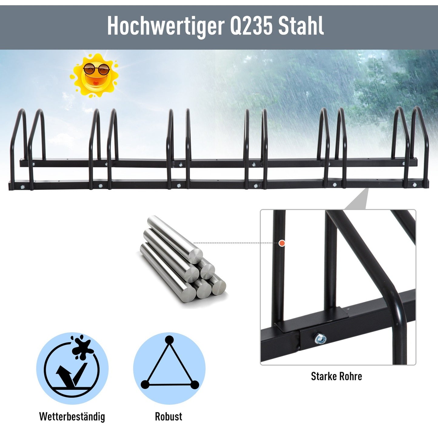 Bicycle rack for 6 bicycles, wall/floor mount, steel, black