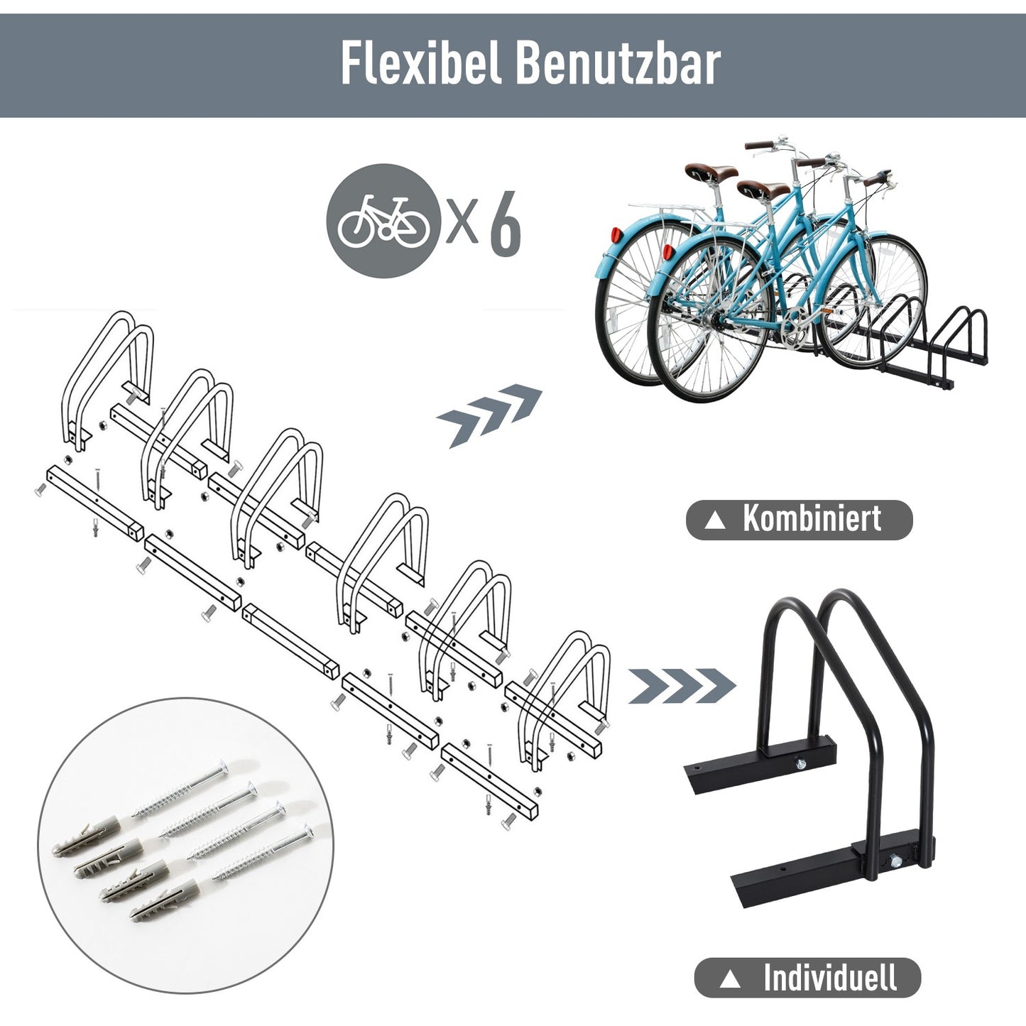 Bicycle rack for 6 bicycles, wall/floor mount, steel, black