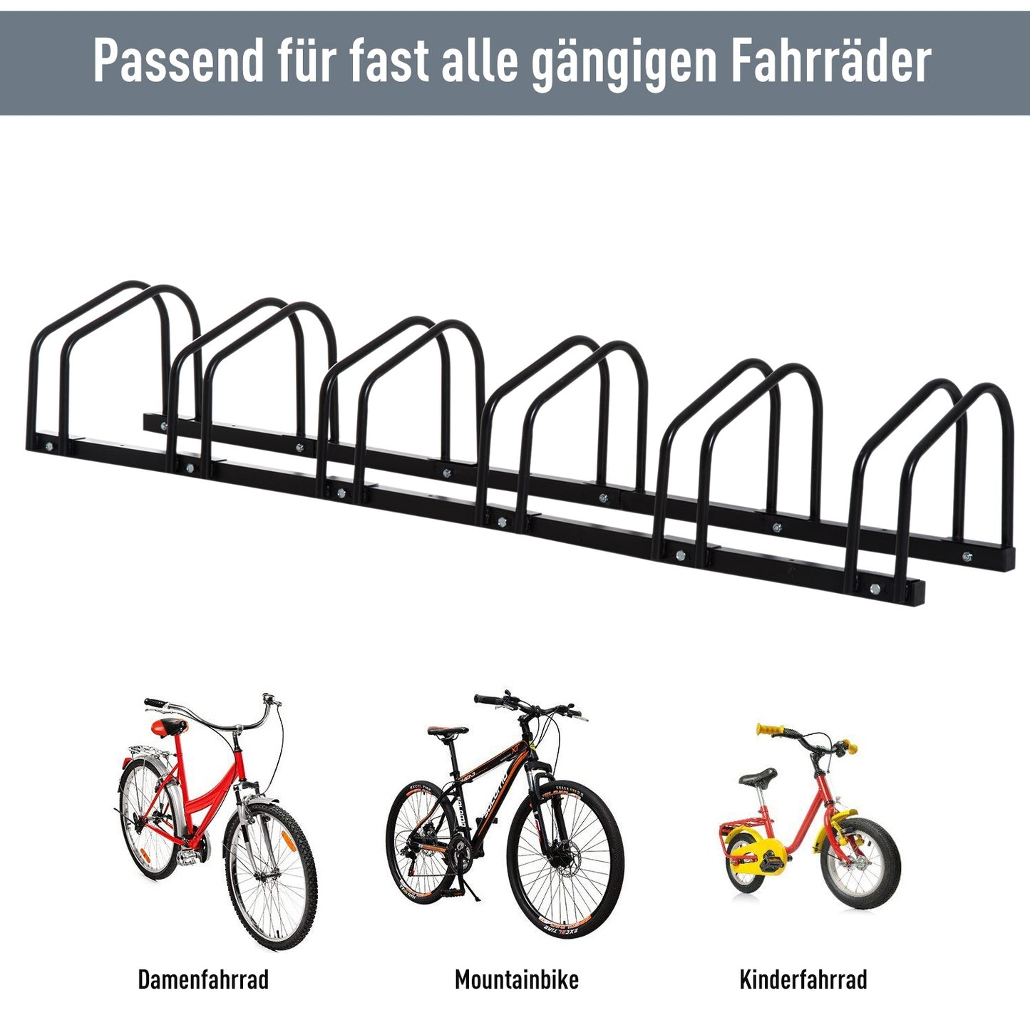 Bicycle rack for 6 bicycles, wall/floor mount, steel, black