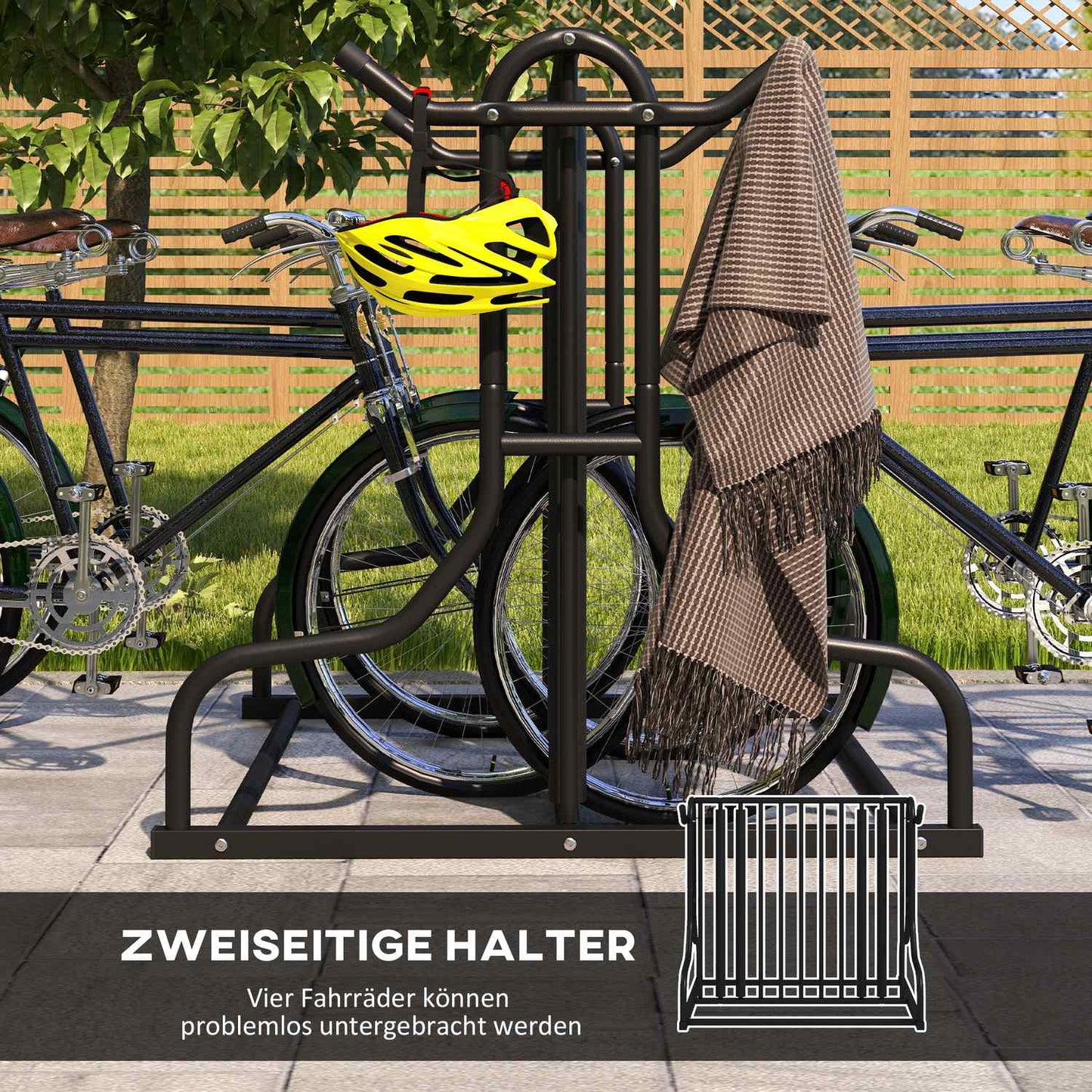 Bicycle rack in black steel, weatherproof, holds 4 bicycles