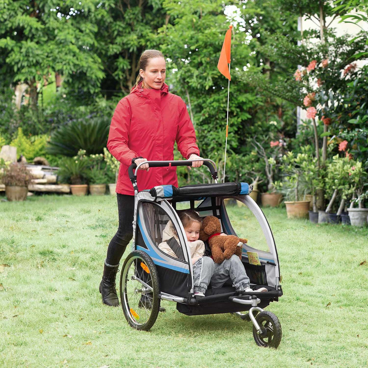 Bicycle trailer & stroller, 360° swivel, steel frame, blue/black