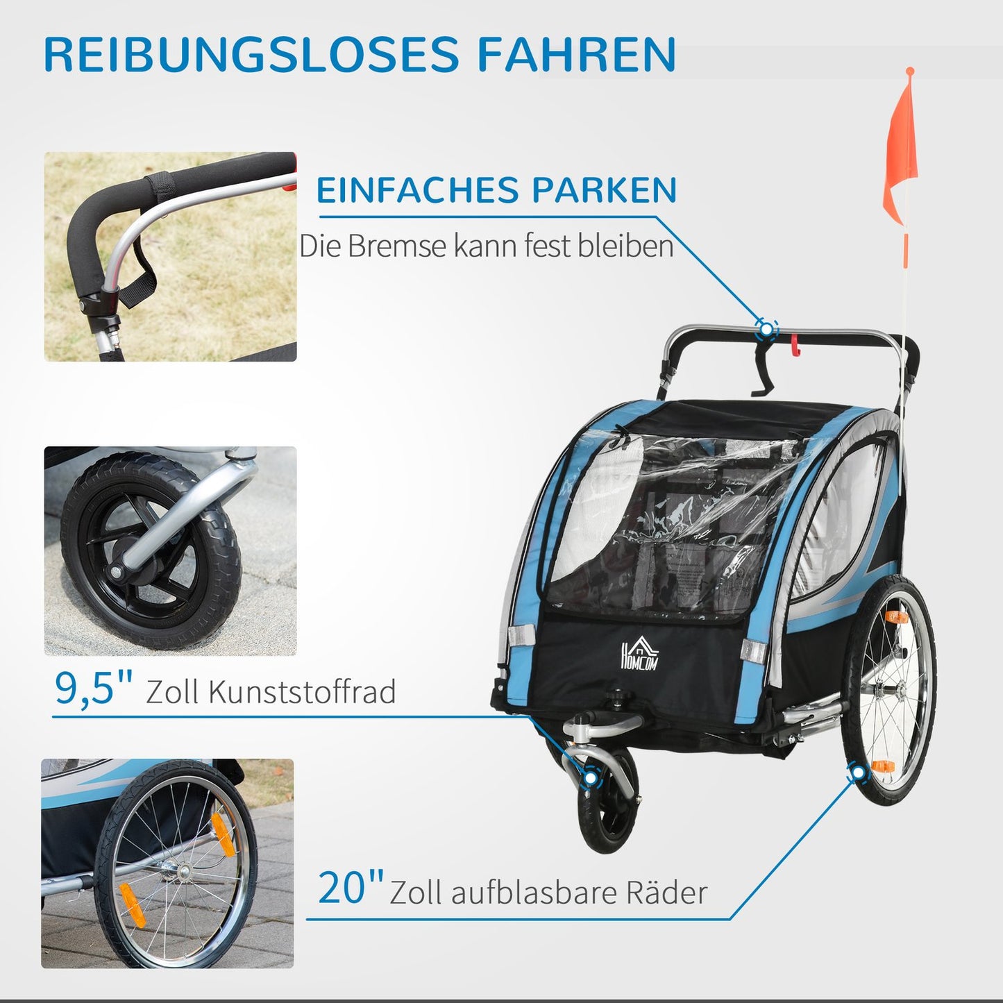 Bicycle trailer & stroller, 360° swivel, steel frame, blue/black