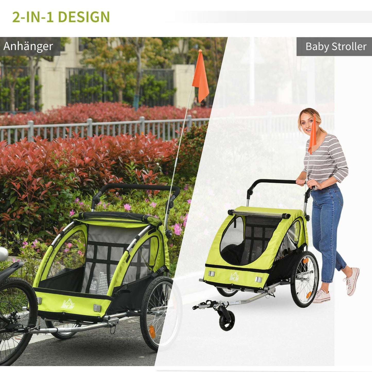 Bicycle Stroller Pram Jogger, 360° Rotating, Green/Black