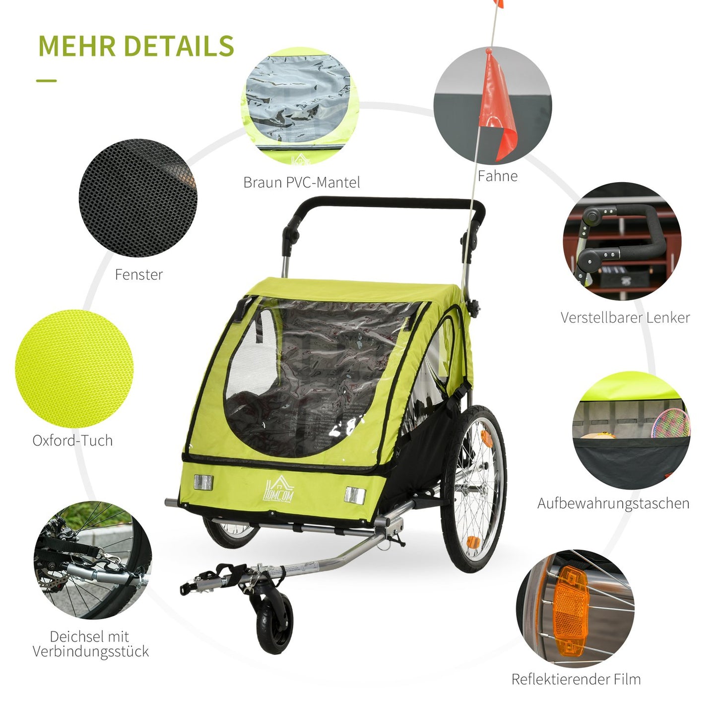 Bicycle Stroller Pram Jogger, 360° Rotating, Green/Black