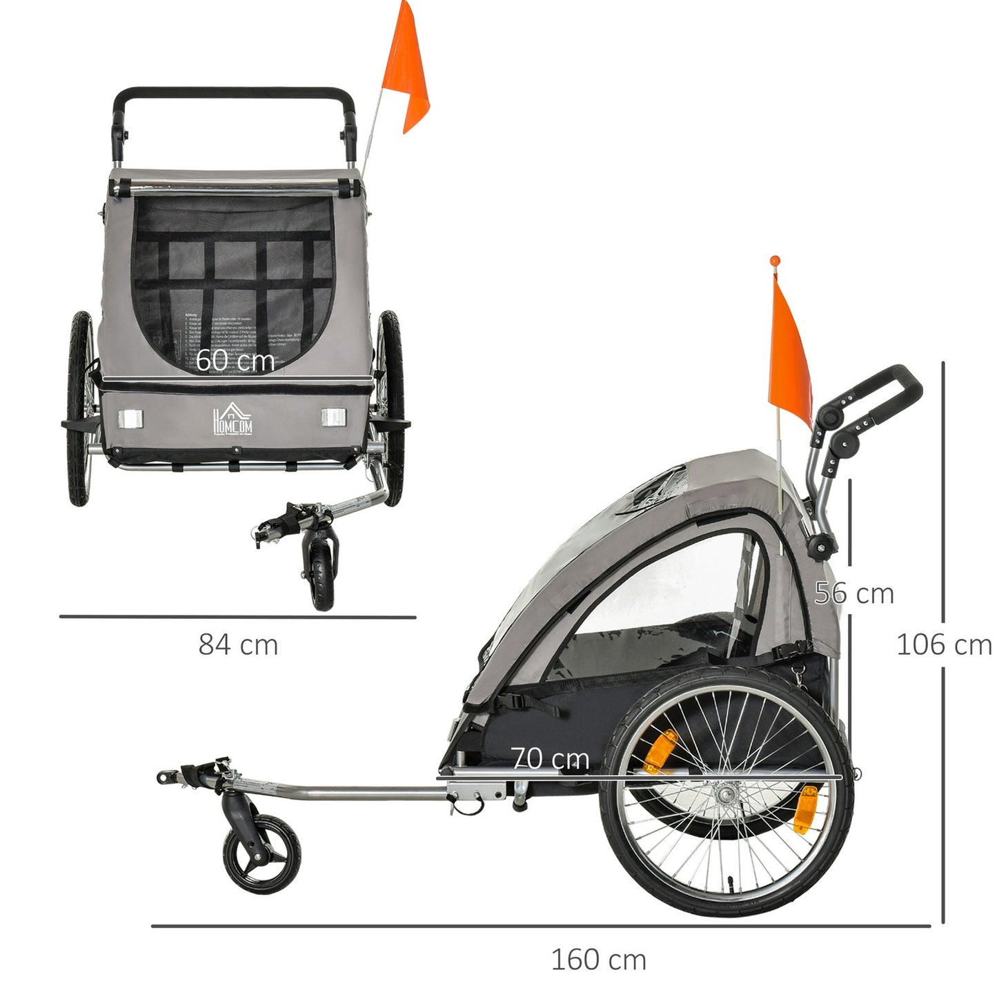 Children's Bike Stroller & Jogger, Grey/Black, Safe & Rotatable