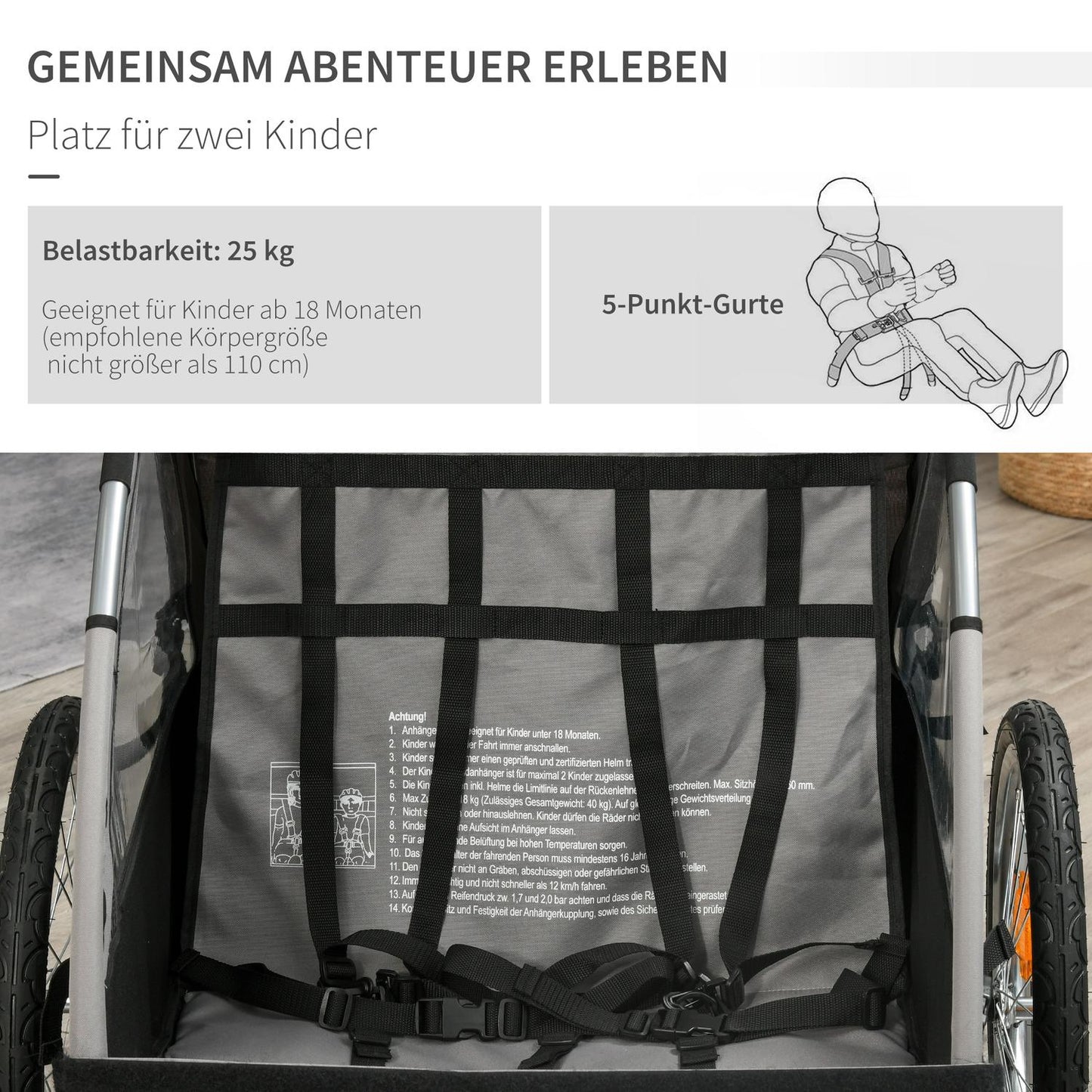 Children's Bike Stroller & Jogger, Grey/Black, Safe & Rotatable