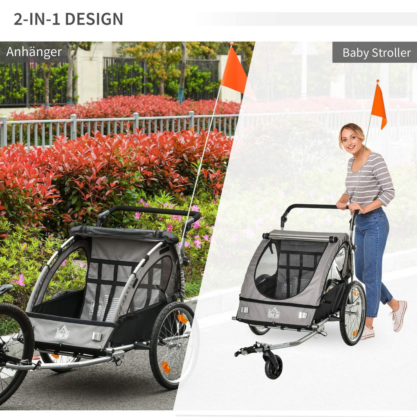 Children's Bike Stroller & Jogger, Grey/Black, Safe & Rotatable