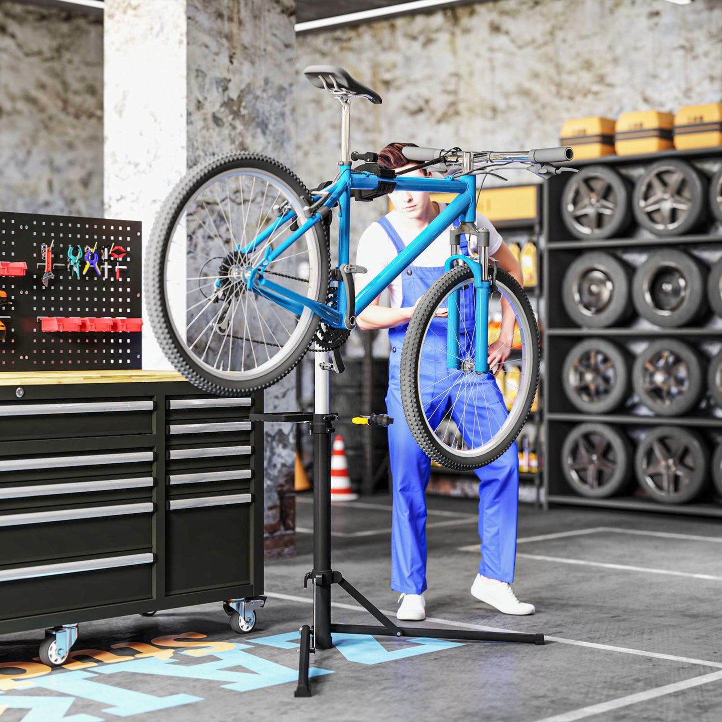 Bicycle repair stand, foldable & 360° rotatable for all bicycles