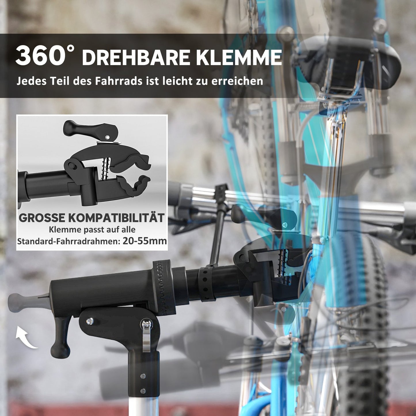 Bicycle repair stand, foldable & 360° rotatable for all bicycles