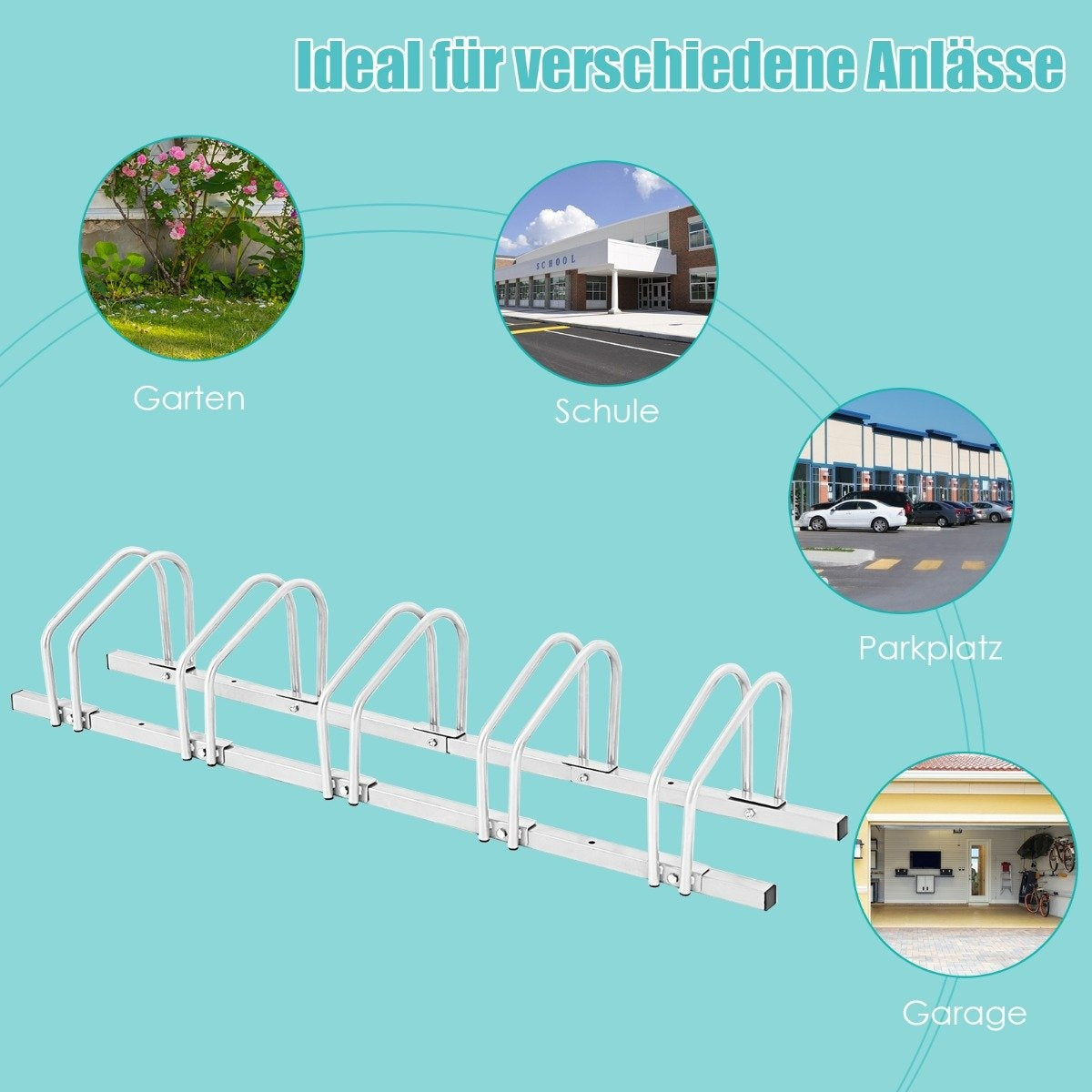 Bicycle stand, floor stand, stand with 5 bicycle parking spaces, silver