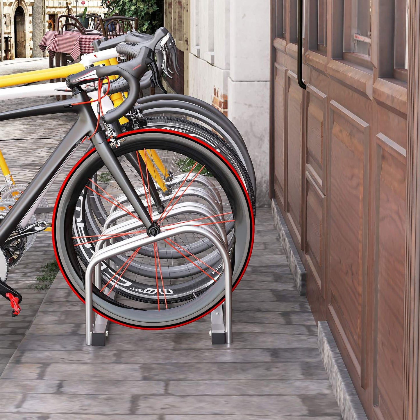 Weatherproof bike rack for 4 bikes, floor/wall mount