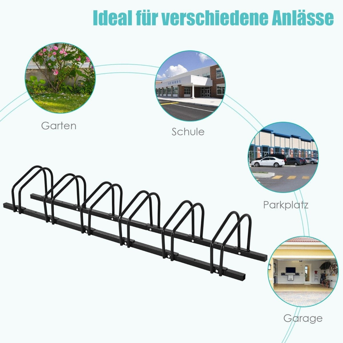 Bicycle stand with 6 bicycle parking spaces, floor stand, black