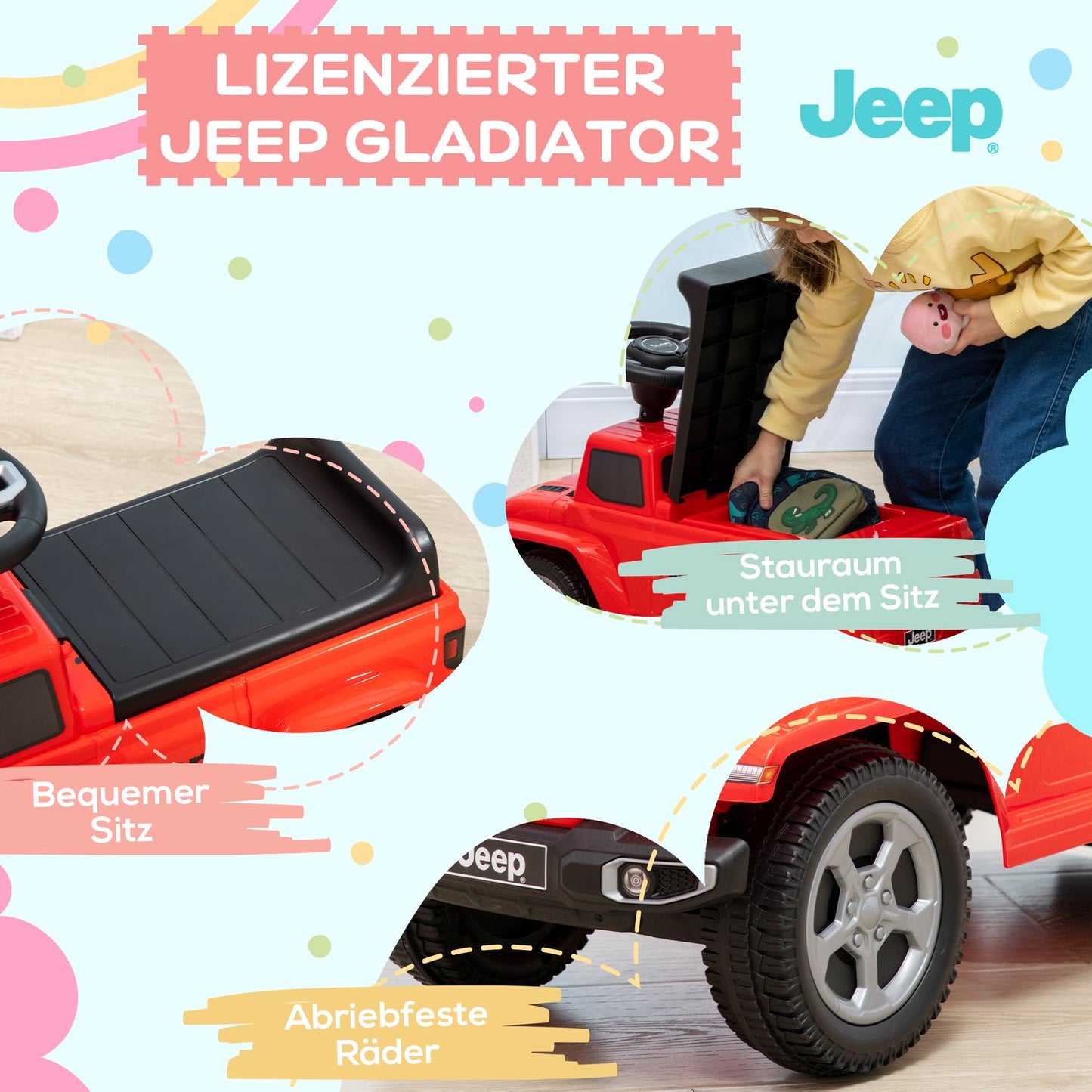 Ride-on car for children with horn, lights and storage
