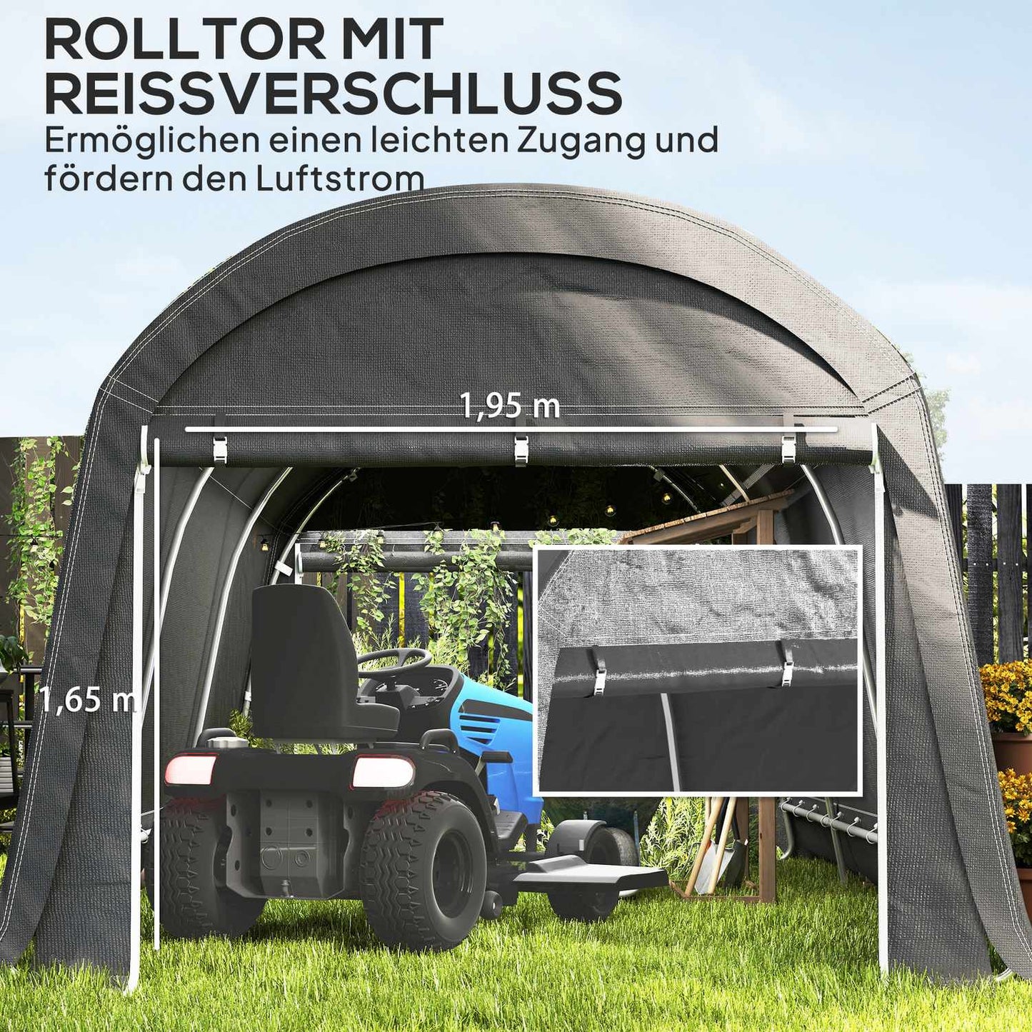 Waterproof outdoor bike storage tent with door, dark grey