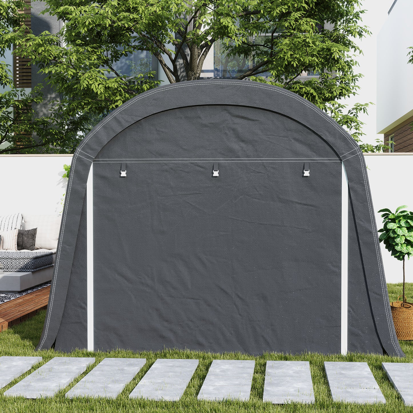 Waterproof outdoor bike storage tent with door, dark grey