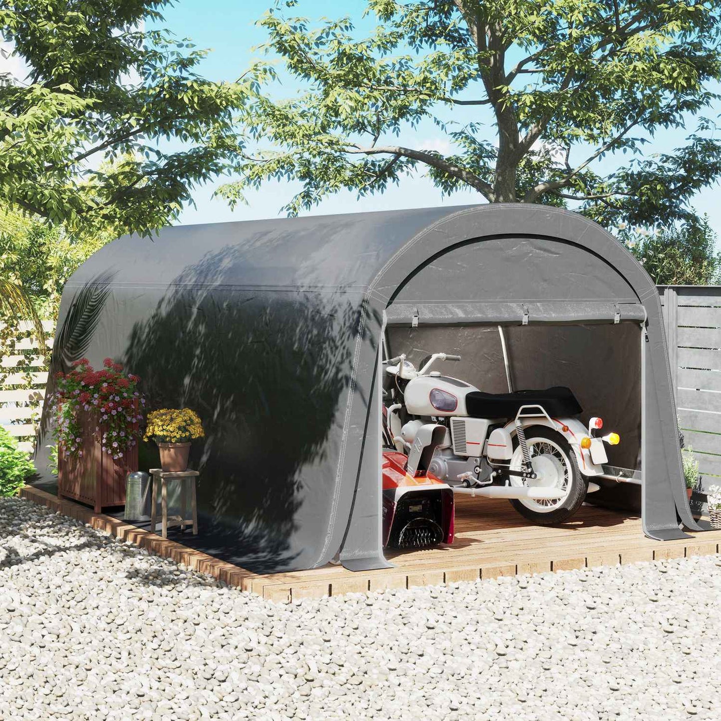Waterproof outdoor bike storage tent with door, dark grey