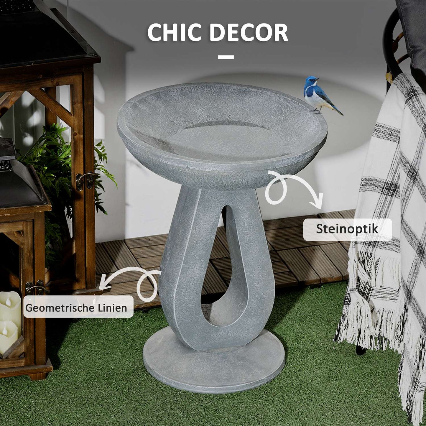 Bird bath & feeder, stone look, grey, 51 cm for garden