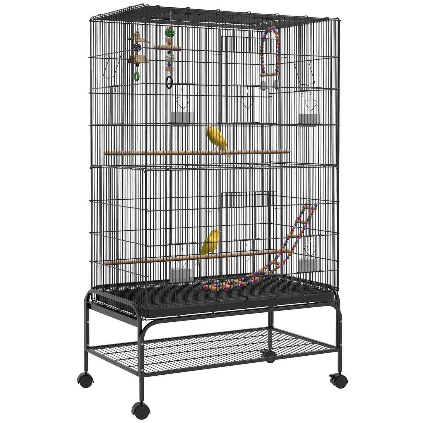 Bird cage aviary with perches, wheels and removable tray