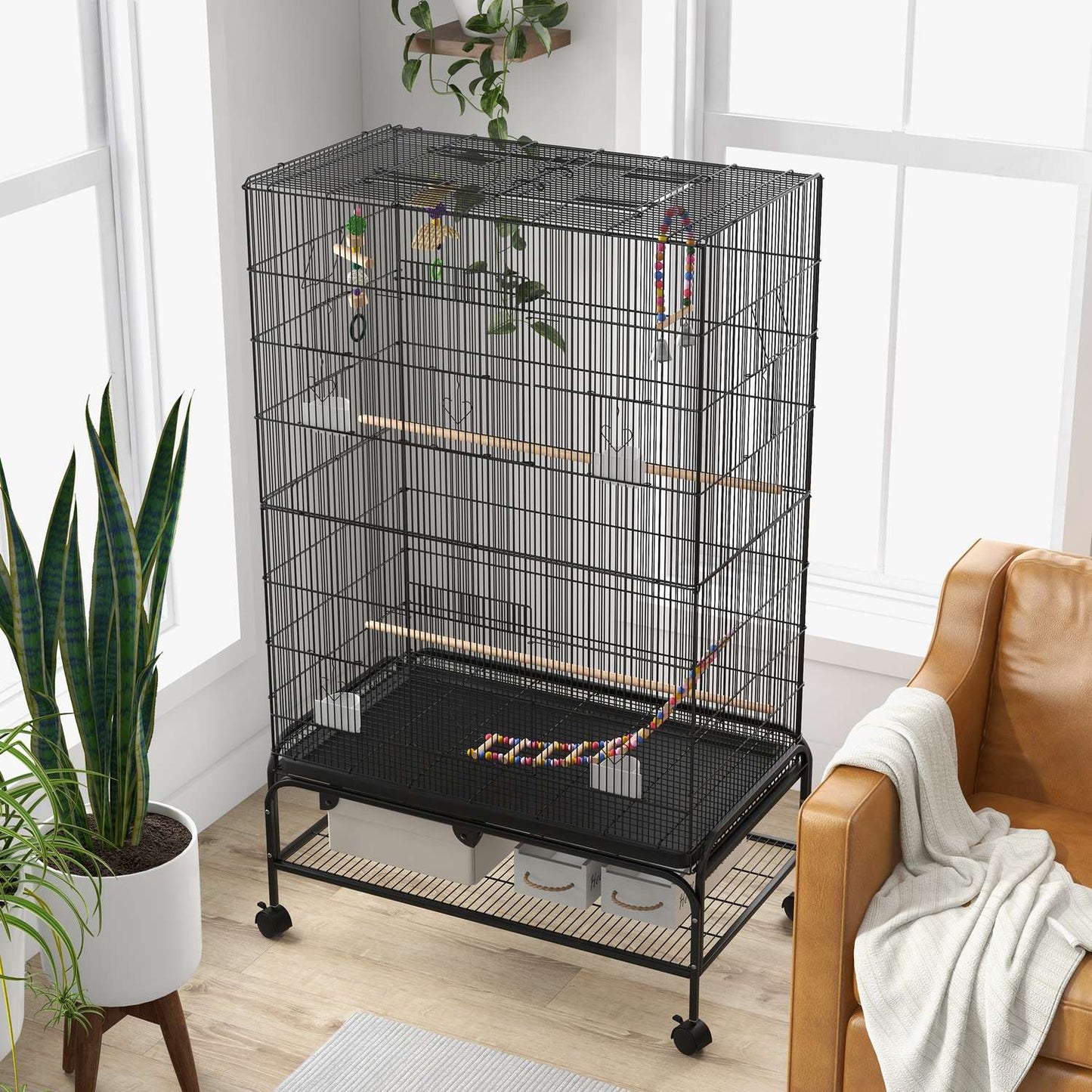 Bird cage aviary with perches, wheels and removable tray