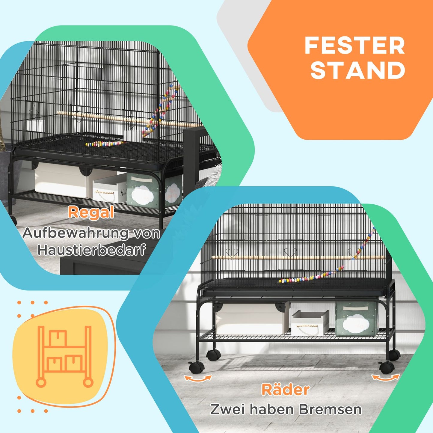 Bird cage aviary with perches, wheels and removable tray