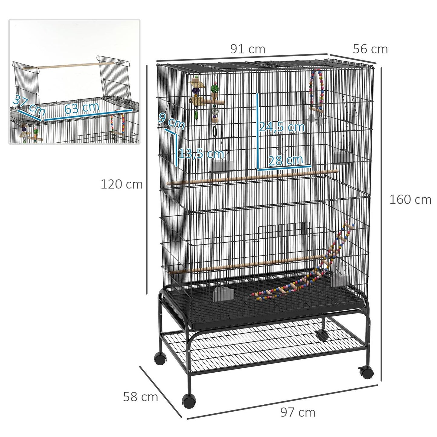 Bird cage aviary with perches, wheels and removable tray