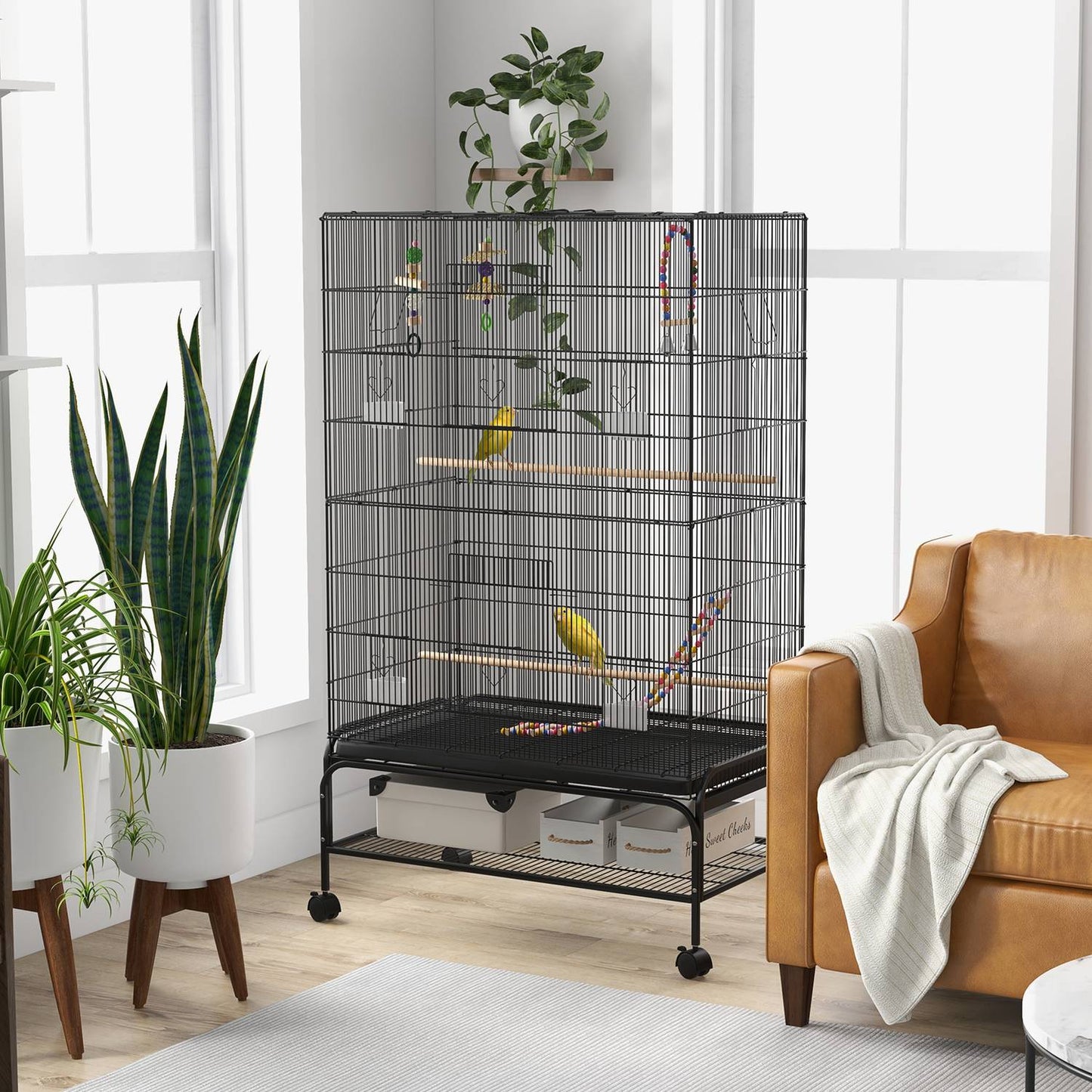 Bird cage aviary with perches, wheels and removable tray