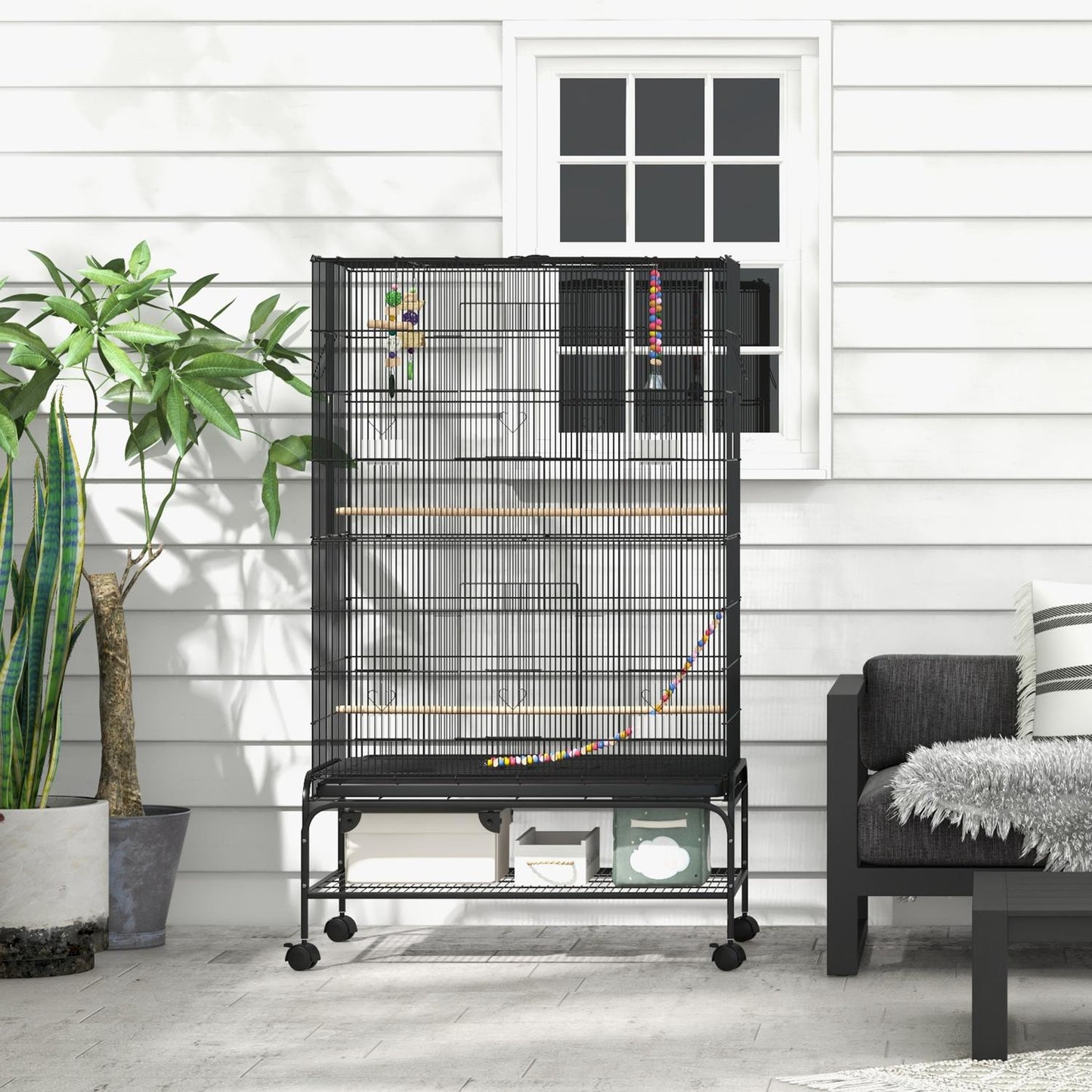 Bird cage aviary with perches, wheels and removable tray