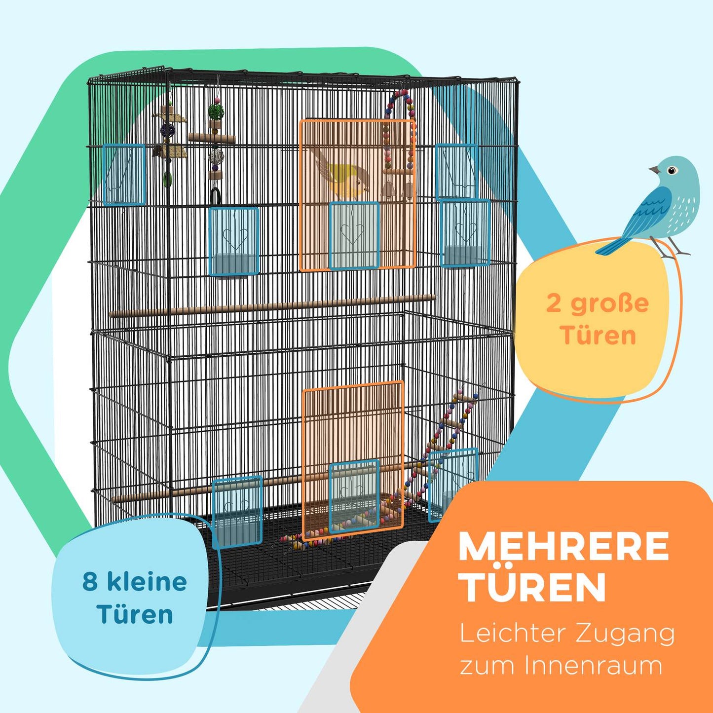 Bird cage aviary with perches, wheels and removable tray