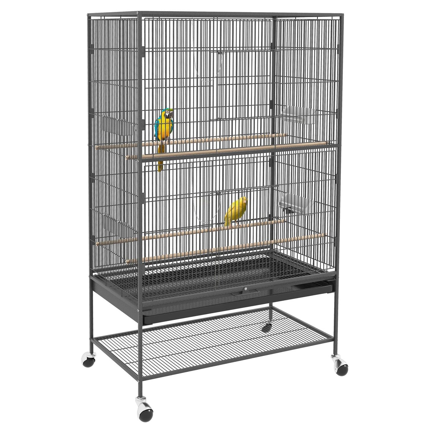 Large gray bird aviary with perches and wheels, 94 x 57 x 153 cm