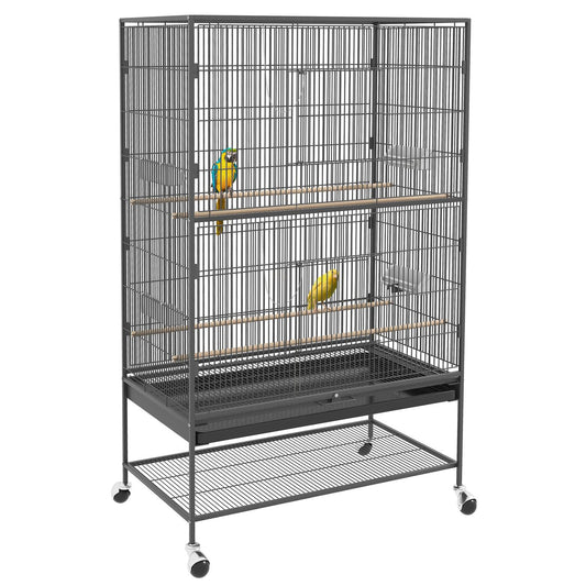 Large gray bird aviary with perches and wheels, 94 x 57 x 153 cm