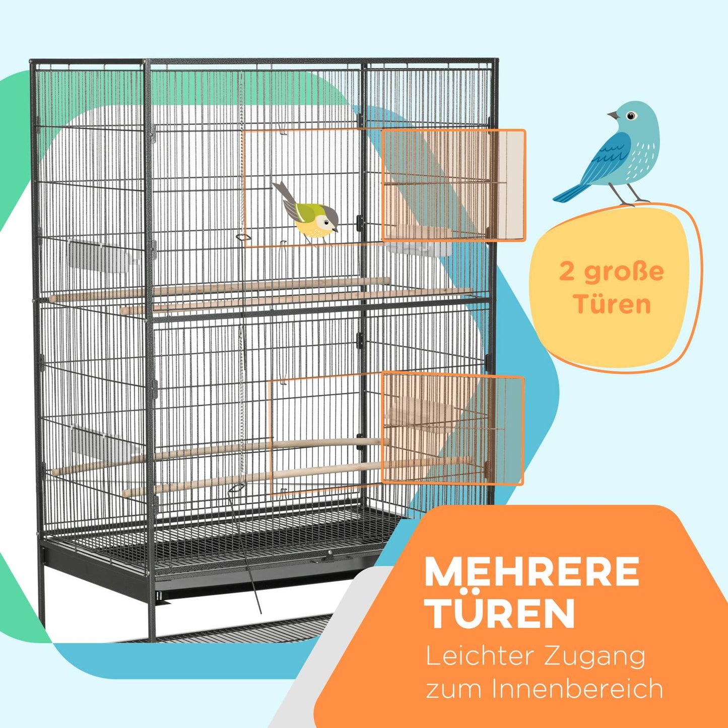 Large gray bird aviary with perches and wheels, 94 x 57 x 153 cm