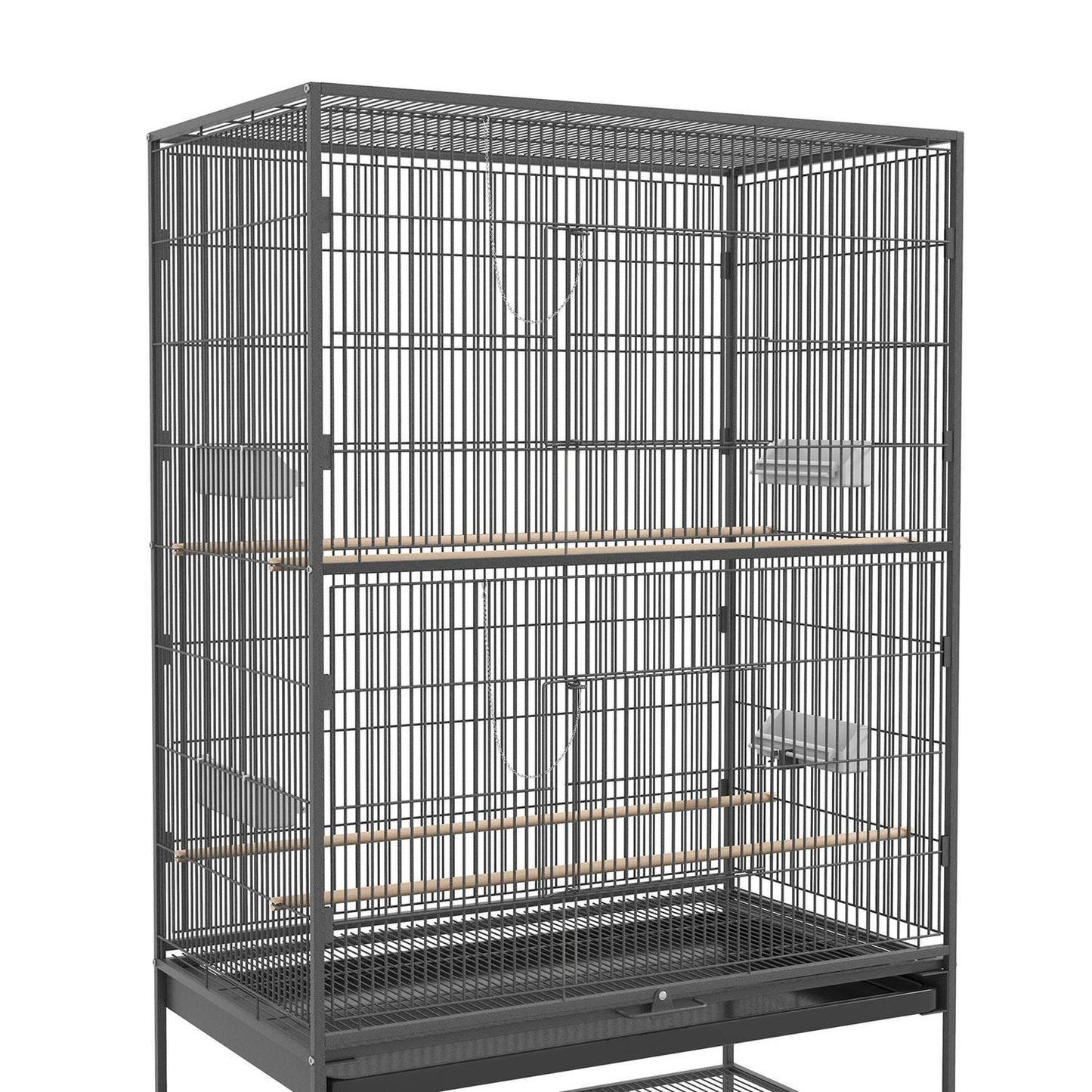 Large gray bird aviary with perches and wheels, 94 x 57 x 153 cm