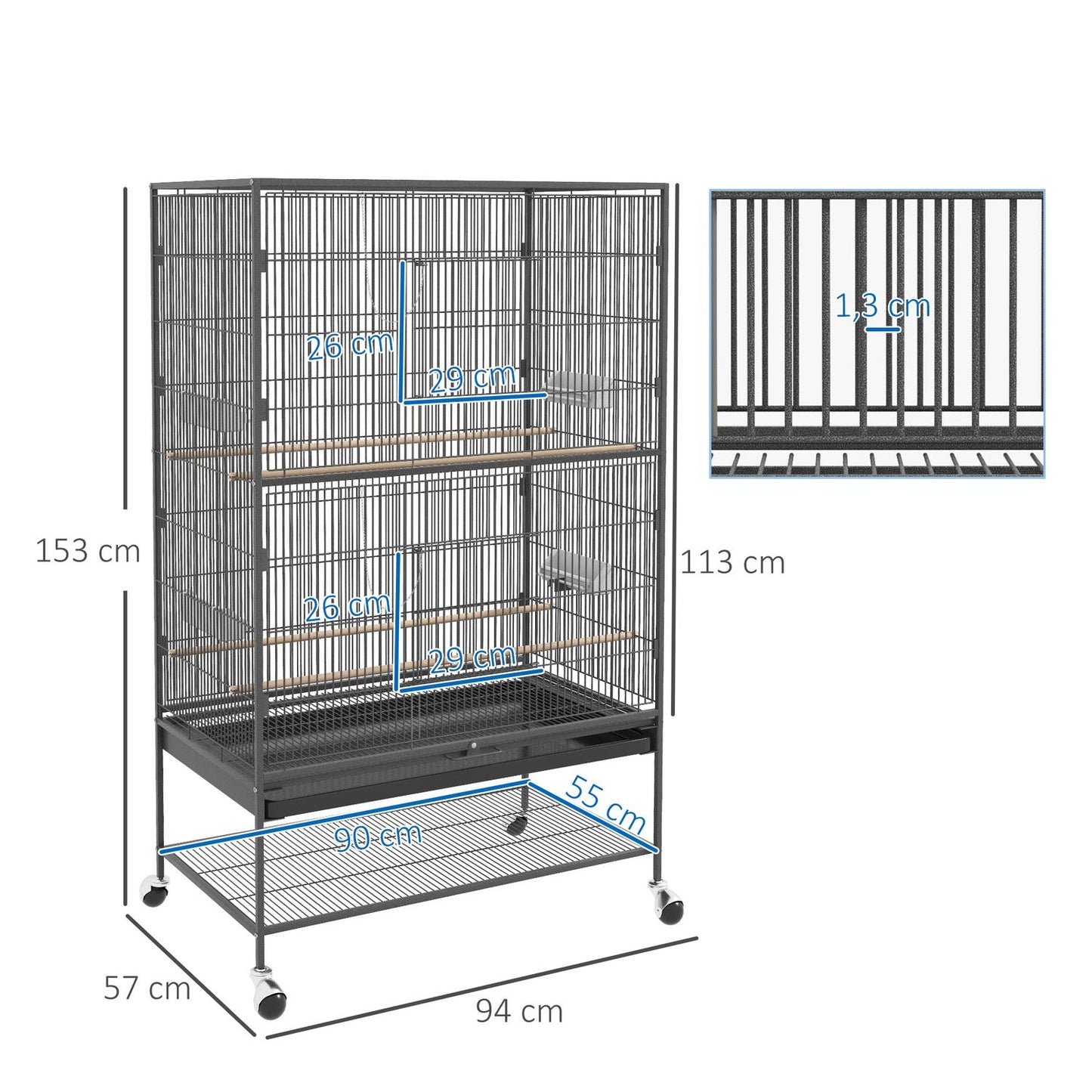 Large gray bird aviary with perches and wheels, 94 x 57 x 153 cm