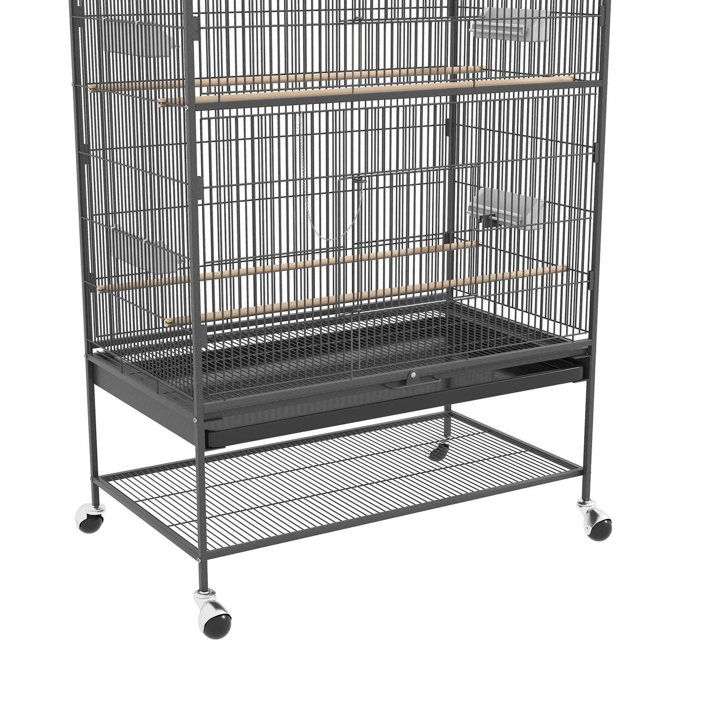 Large gray bird aviary with perches and wheels, 94 x 57 x 153 cm