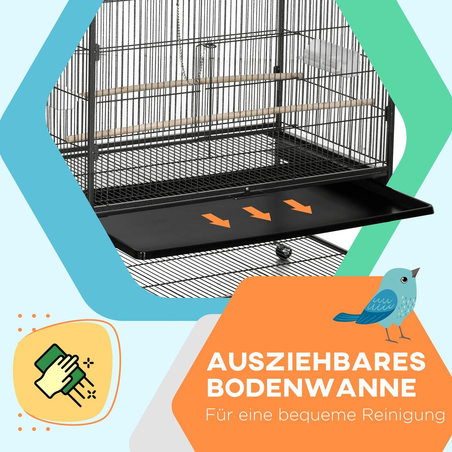 Large gray bird aviary with perches and wheels, 94 x 57 x 153 cm