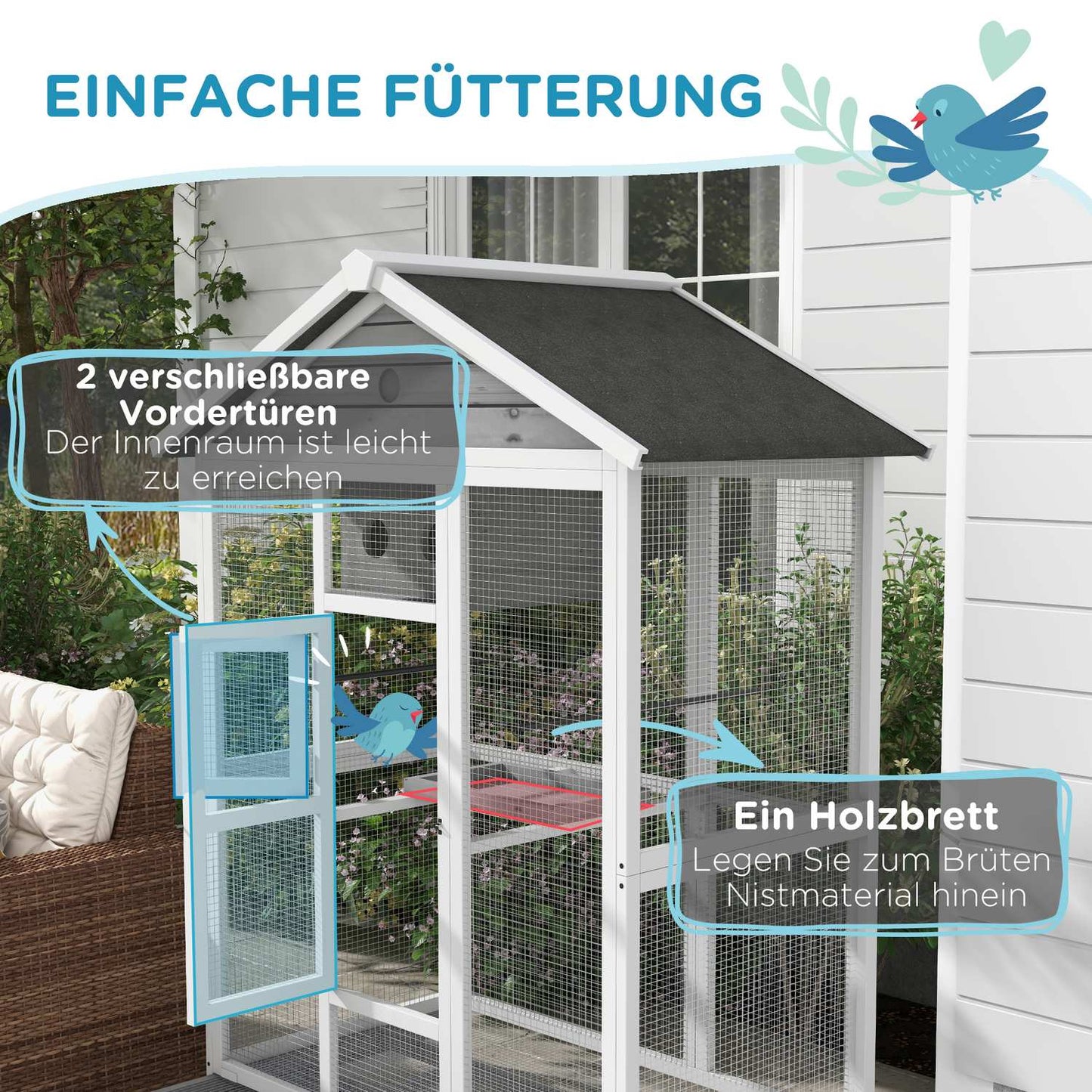 Large birdcage with perches and pull-out tray, spruce wood