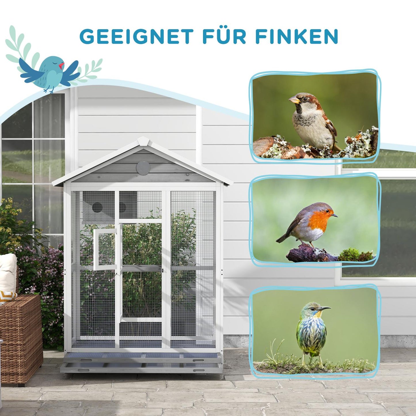 Large birdcage with perches and pull-out tray, spruce wood