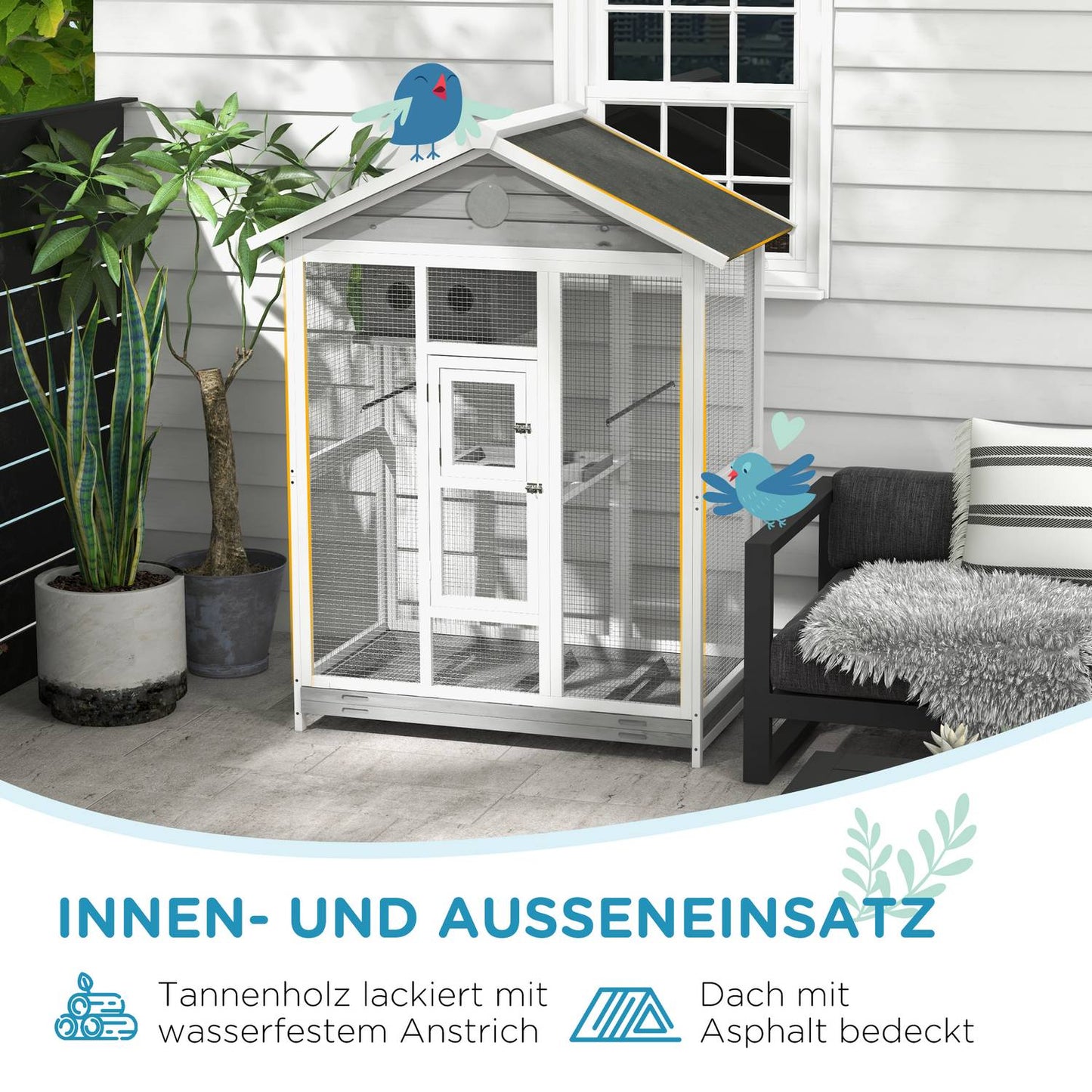 Large birdcage with perches and pull-out tray, spruce wood