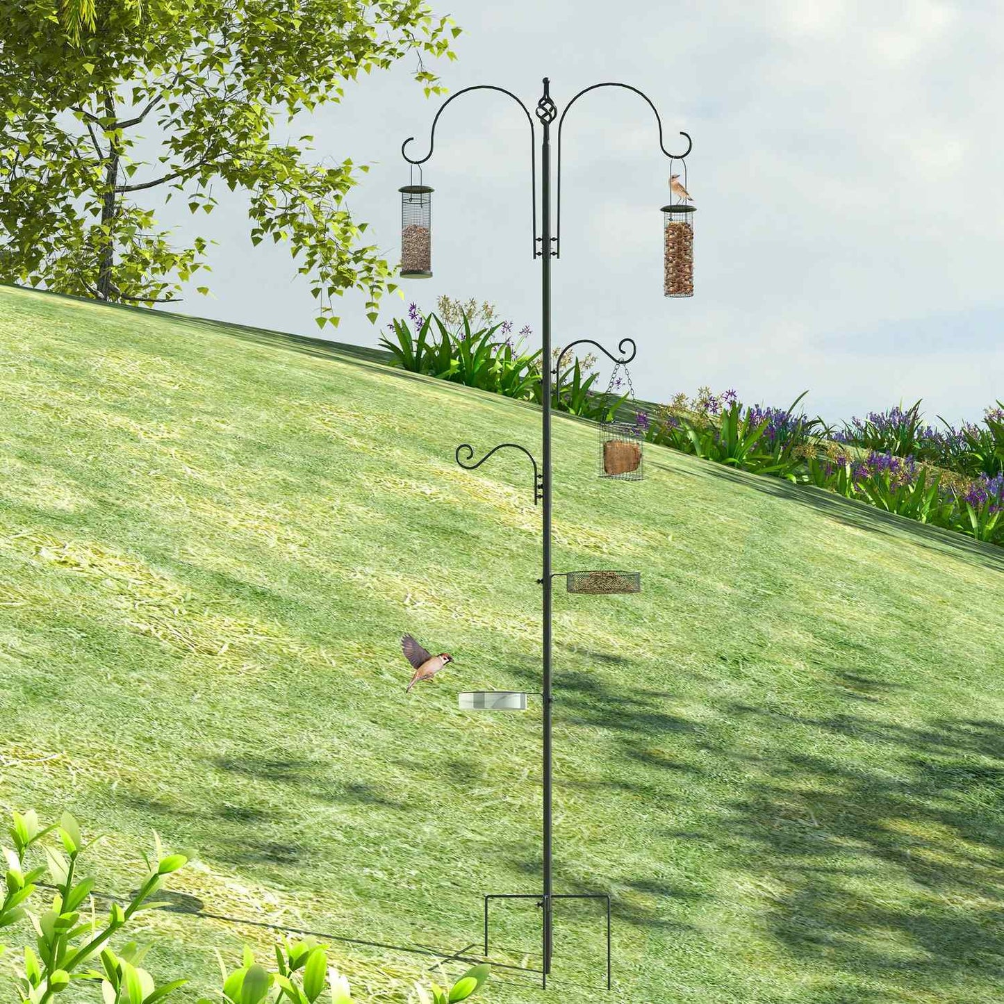 Black Steel Bird Feeding Station Set with Tub & 4 Hooks