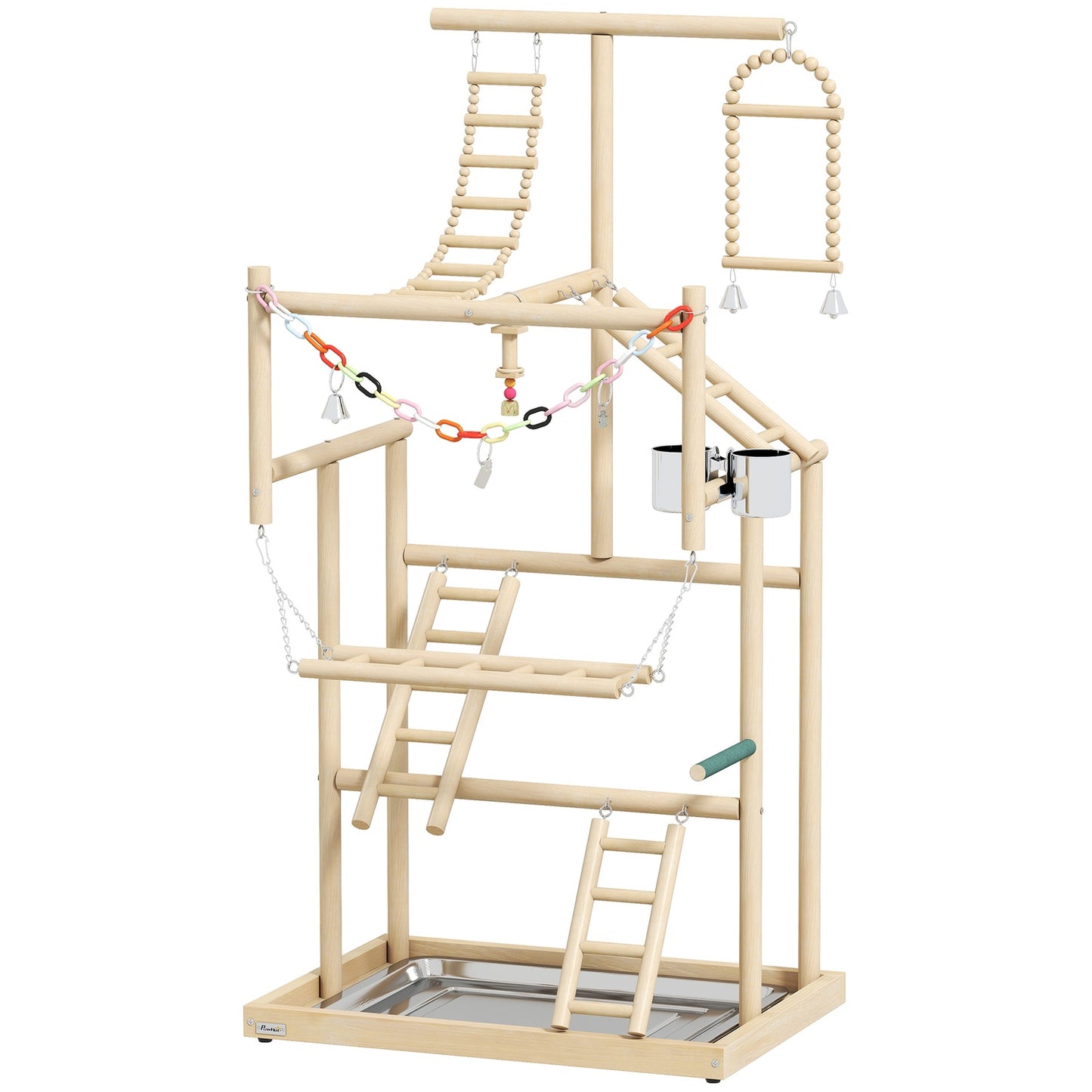 Bird Play Stand, 4 Levels, Stainless Tray, Natural Wood