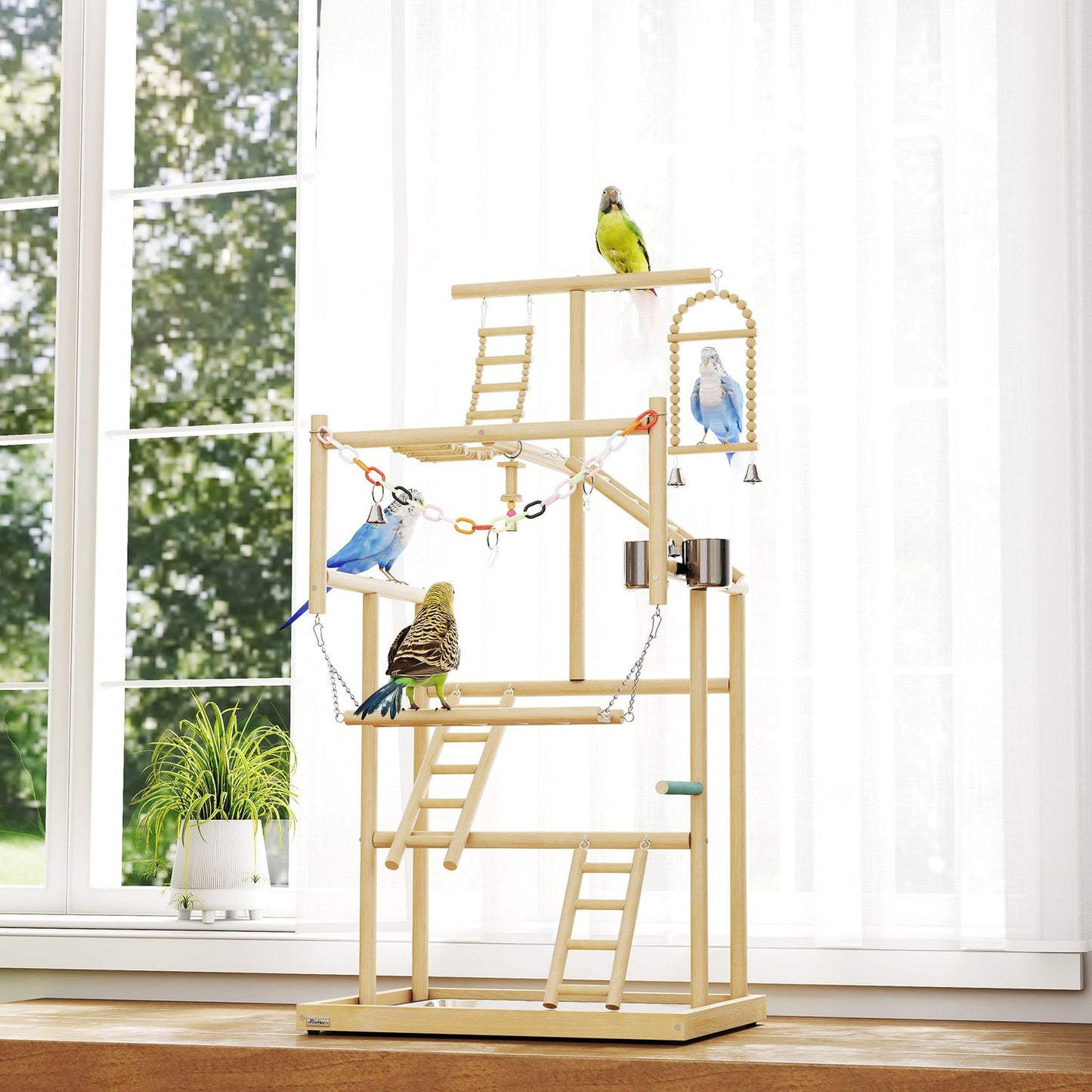 Bird Play Stand, 4 Levels, Stainless Tray, Natural Wood