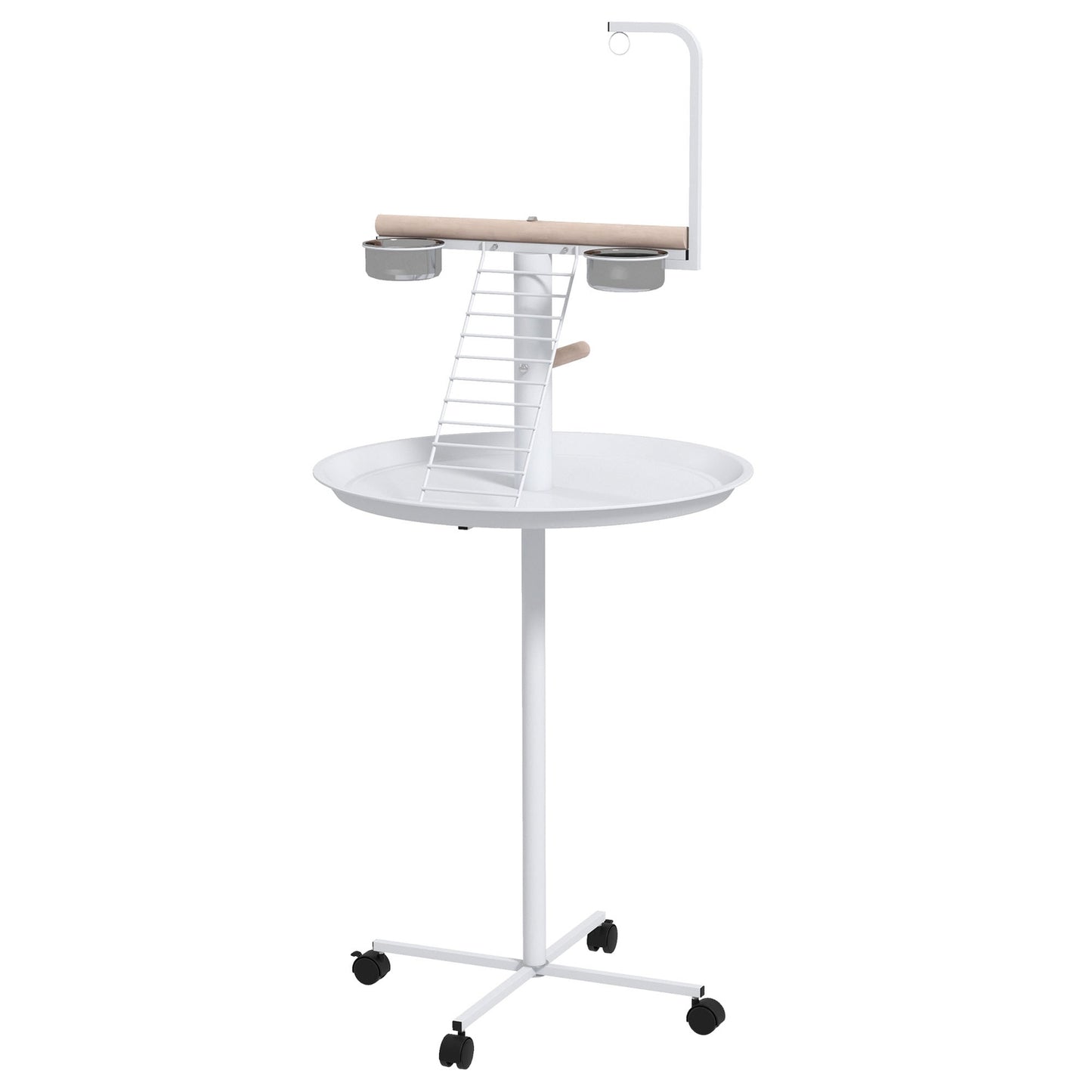 Bird feeding station with wheels and perches, steel, white