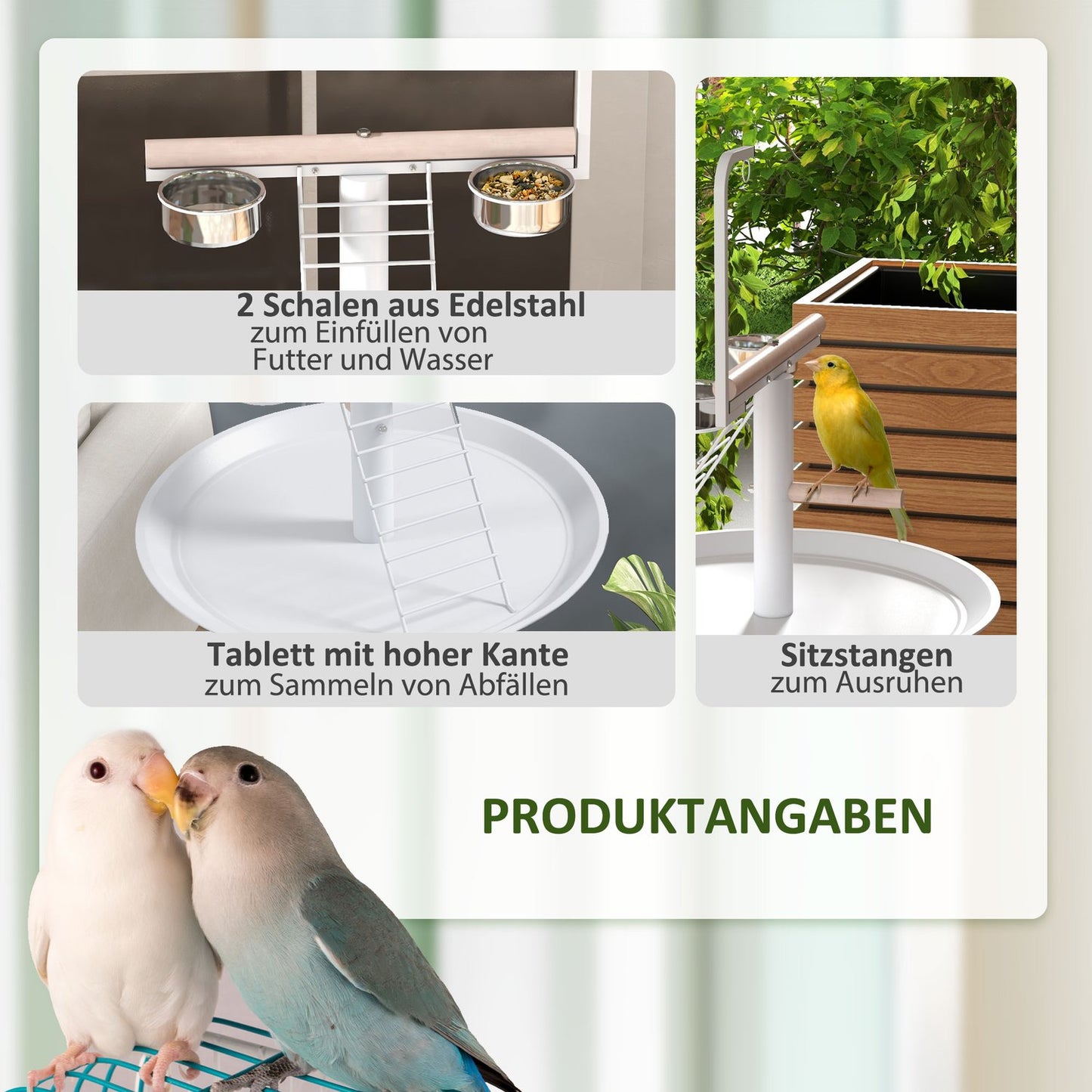 Bird feeding station with wheels and perches, steel, white