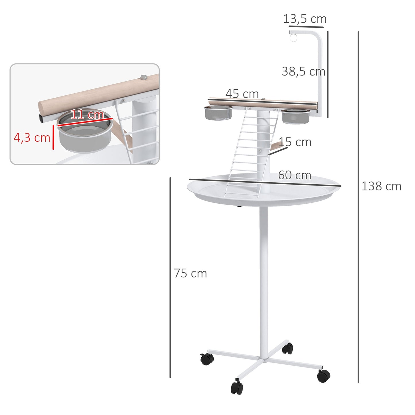 Bird feeding station with wheels and perches, steel, white