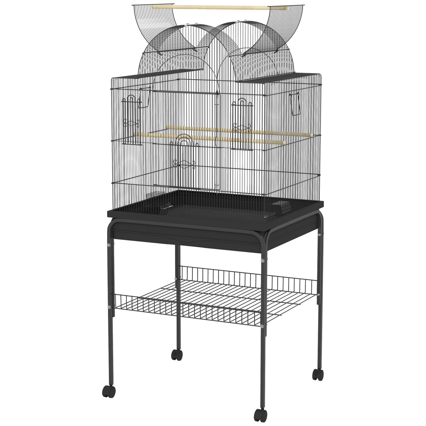 Large steel birdcage, with wheels and feeding station