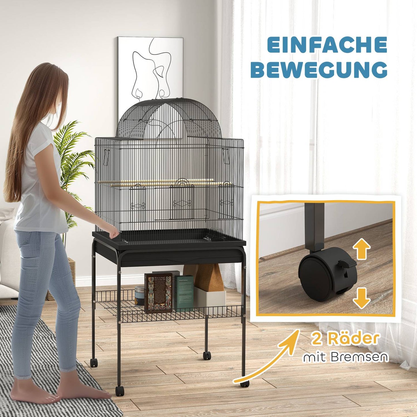 Large steel birdcage, with wheels and feeding station