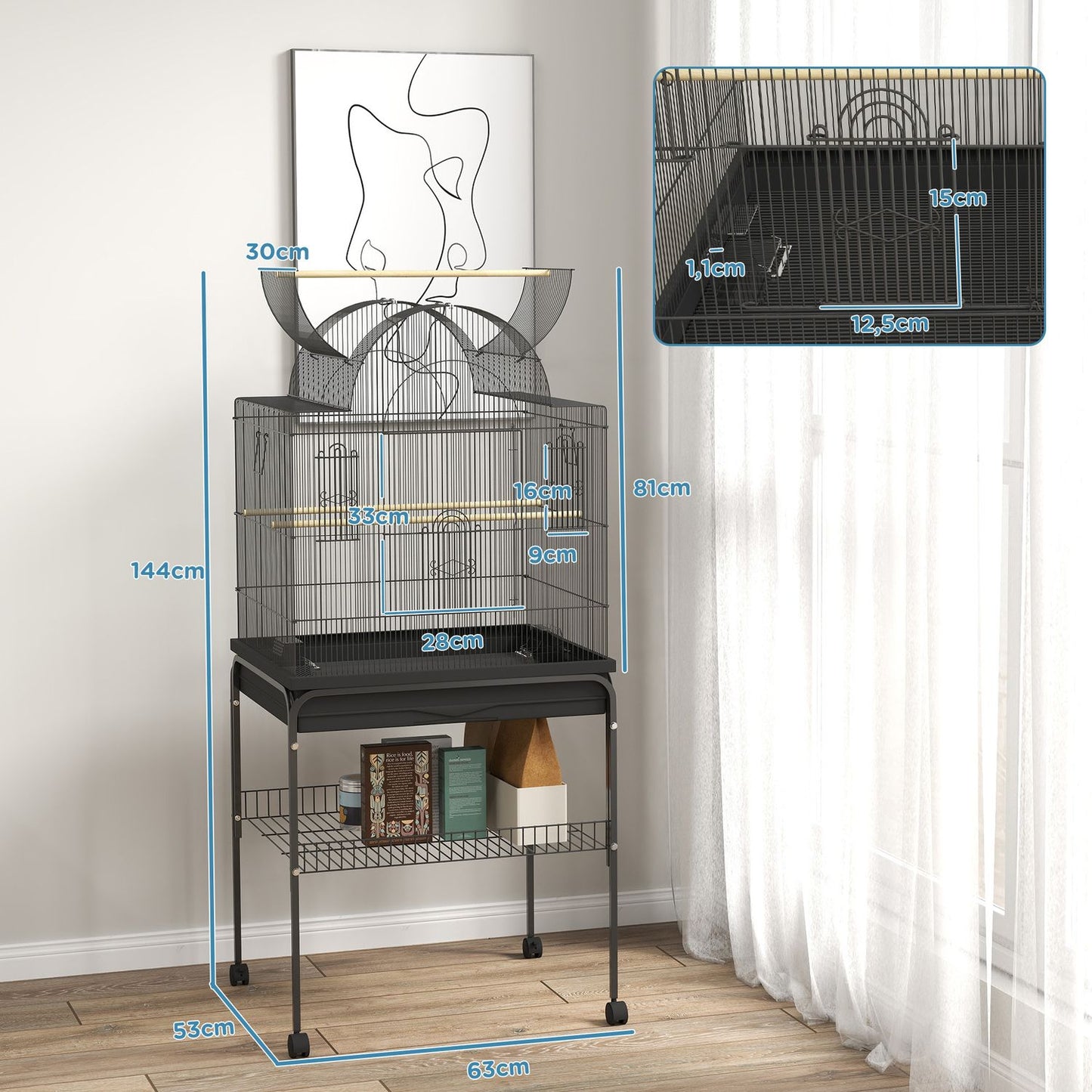Large steel birdcage, with wheels and feeding station